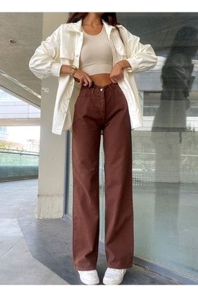 Kahverengi 90's Likralı Süper Yüksek Bel Salaş Jeans Palazzo Pantolon. Süper Yüksek Wide Leg DRSLSPACA 3