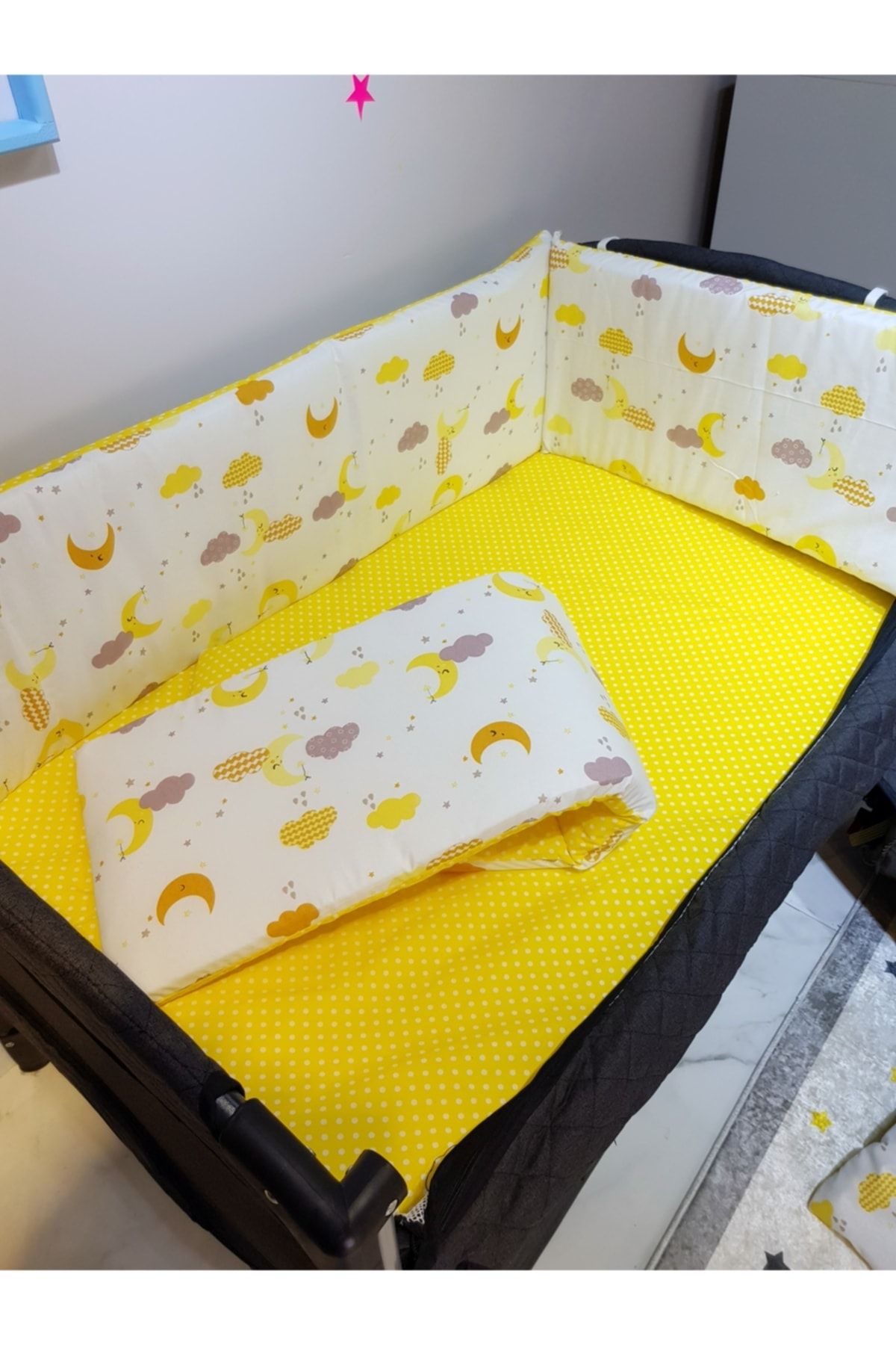 bebek iklimi-10 Piece Baby Sleeping Set for 70X110 Park Cribs - Yellow Crescent Star Pattern (Excluding the Crible) 7