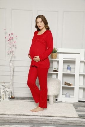 Alimer Kadın Kırmızı Düğmeli Ve Bel Ayarlı Hamile Pijama Takımı 2487 TRMD018