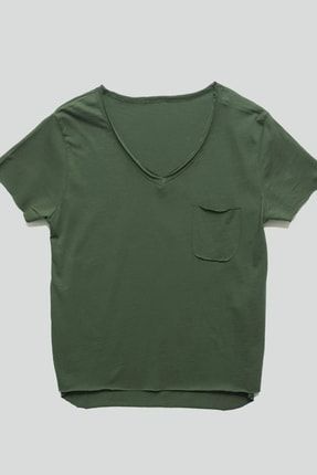 Kadın V Yaka Cepli Haki Pamuklu T-shirt 3493