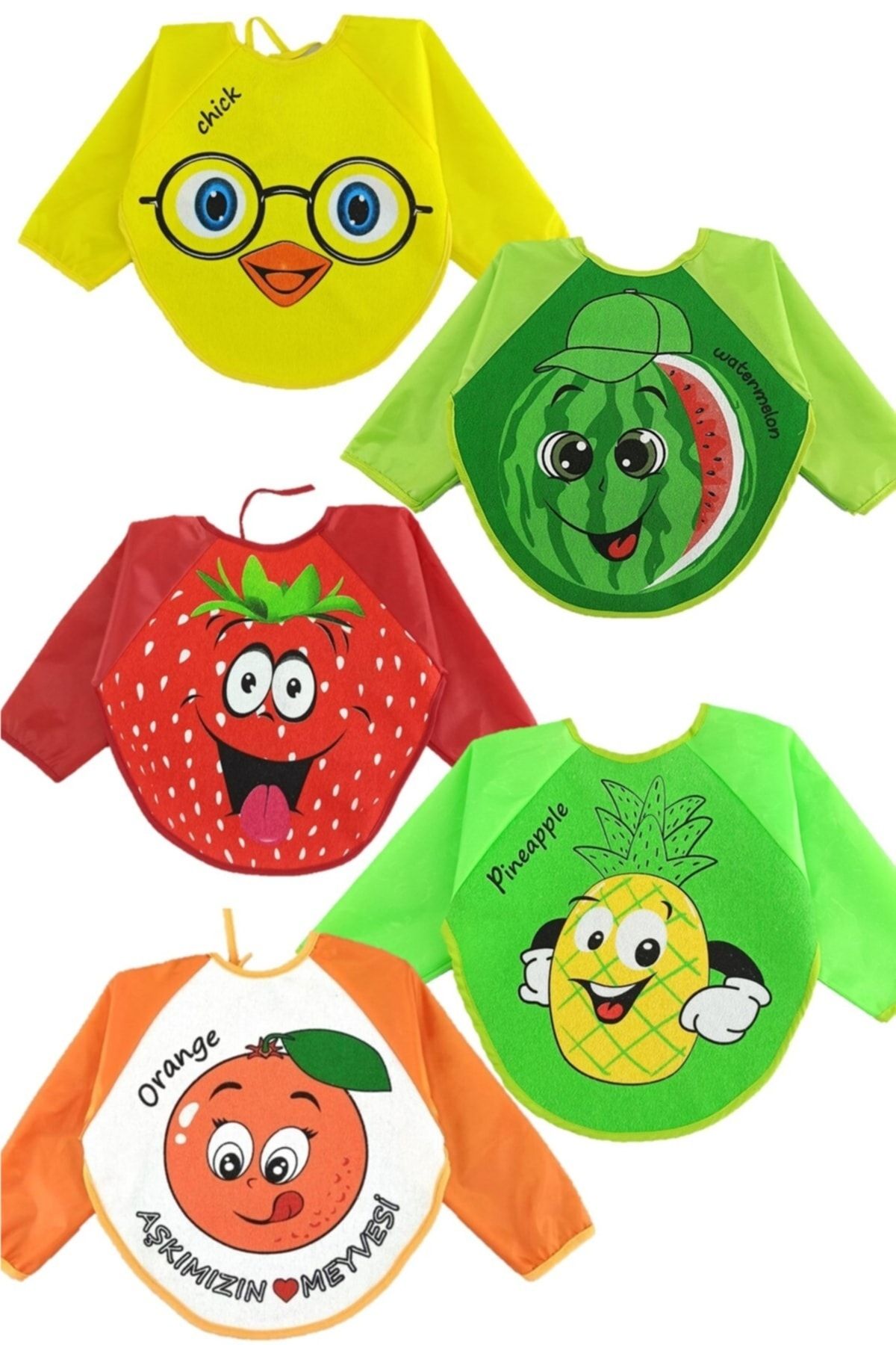 dubi baby 5 Adet ( Civciv Karpuz Çilek Ananas Portakal ) Desenli Bebek Mama Önlüğü