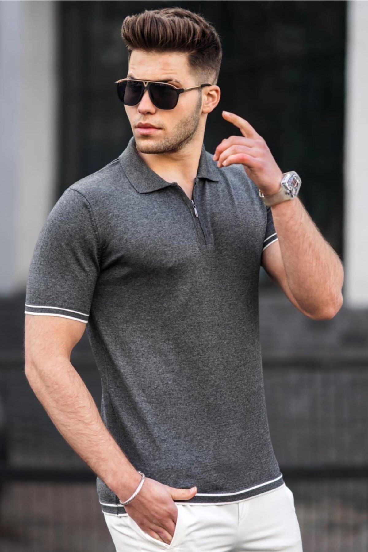 Madmext Poloshirt Grau Regular Fit