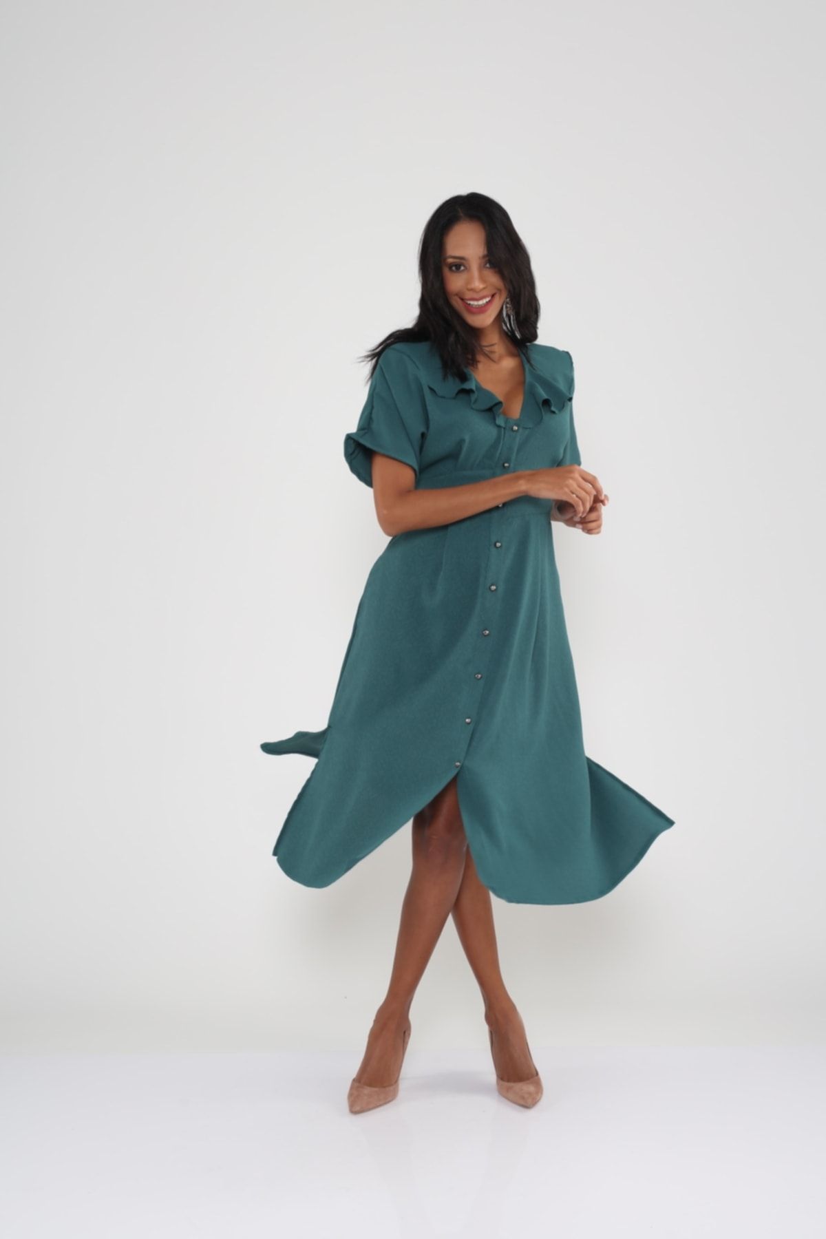 Kadın Yeşil Yakası Volanlı Korsajlı Dokuma Elbise