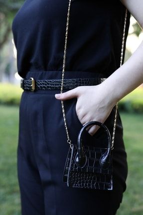 Kadın Siyah Mini Çantalı Zincir Detaylı Kemer AX205A