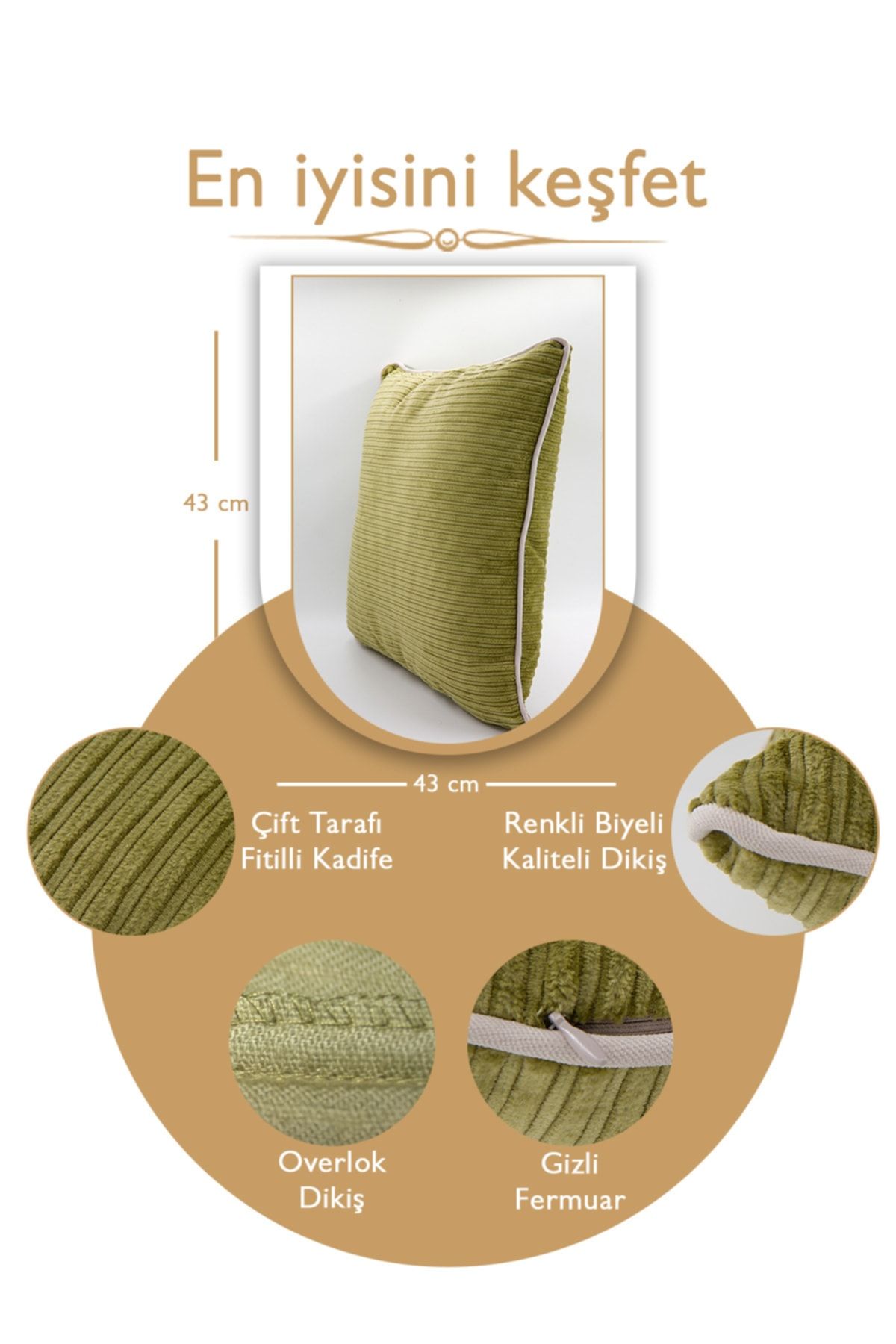 ÖZENEV 43x43 cm Fıstık Yeşili Fitilli Biyeli Kırlent Kılıfı Dekoratif Salon Etnik PN9790