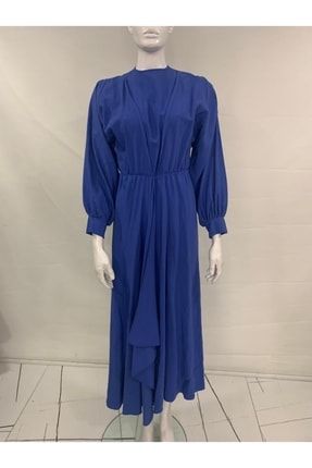 Garni Kemerli Önü Volanlı Elbise Saks Mavisi 7007