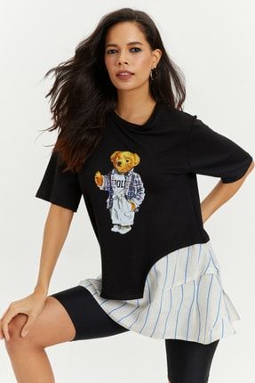 Kadın Siyah Baskılı İkili T-Shirt BK1423