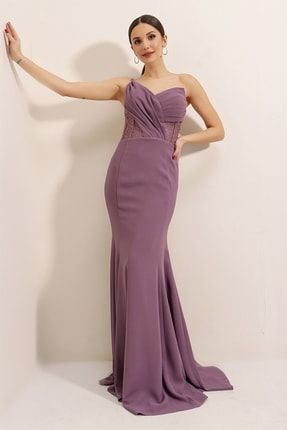Ip Askılı Pileli Bocuk Detaylı Astarlı Uzun Krep Elbise Lila S-22K2050001-Lila
