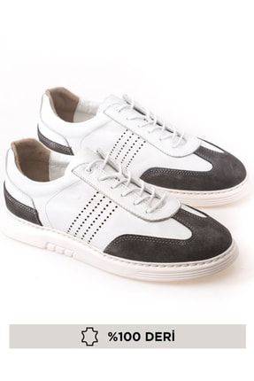 Beyaz - Hakiki Deri, Çok Hafif, Dikişli Erkek Sneaker Ayakkabı 91-537693
