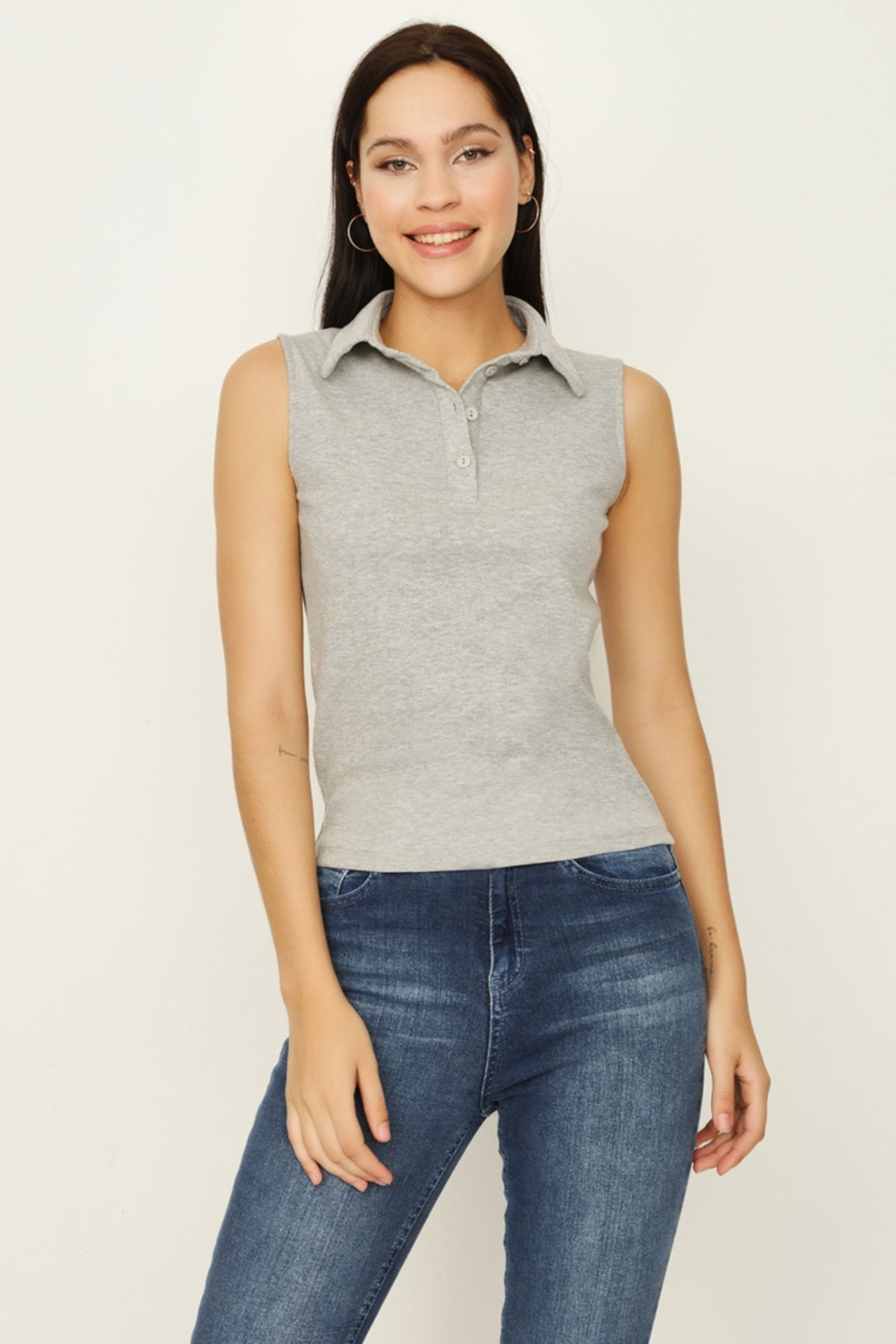 Select Moda Body Tricotat Fără Mâneci Cu Gât Polo Gri Pentru Femei Femeie - M