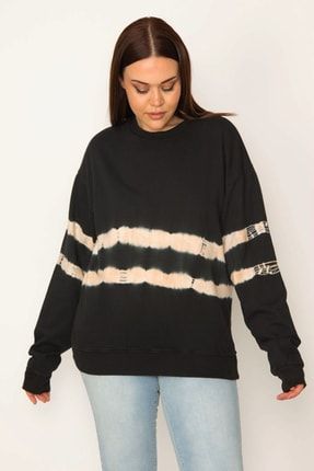 Kadın Siyah 3 İplik Batik Desenli Sweatshirt 65N31941