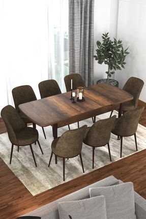 Via Serisi Açılabilir Mutfak Masası Takımı- Barok Ahşap Desenli Açılabilir Masa +8 Khvrng Sandalye CNS35VİABRK08