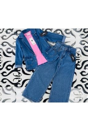Kız Çocuk Blazer Mavi Kot Ceket Düz Renk Tişört Geniş Paça Pantolon 3'lü Takım G-31