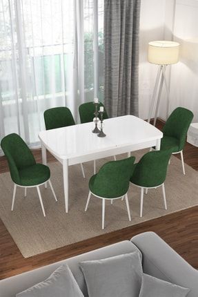 Via Serisi Açılabilir Beyaz Renk Mutfak Masası Takımı, Yemek Masası+6 Haki Yeşili Sandalye CNSBYZ64