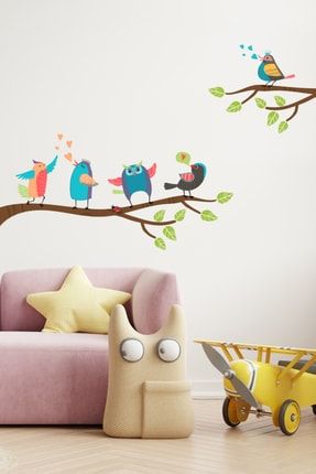 Rengarenk Neşeli Kuşların Dansı Ağaç Ve Dallar Dekoratif Çocuk Odası Duvar Sticker Sim649