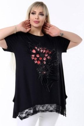 Eteği Dantel Yırtmaçlı Çiçek Desenli Asimetrik Yuvarlak Yaka Taş Işlemeli Dökümlü Kısa Kol Bluz KHE-00087-1_Siyah