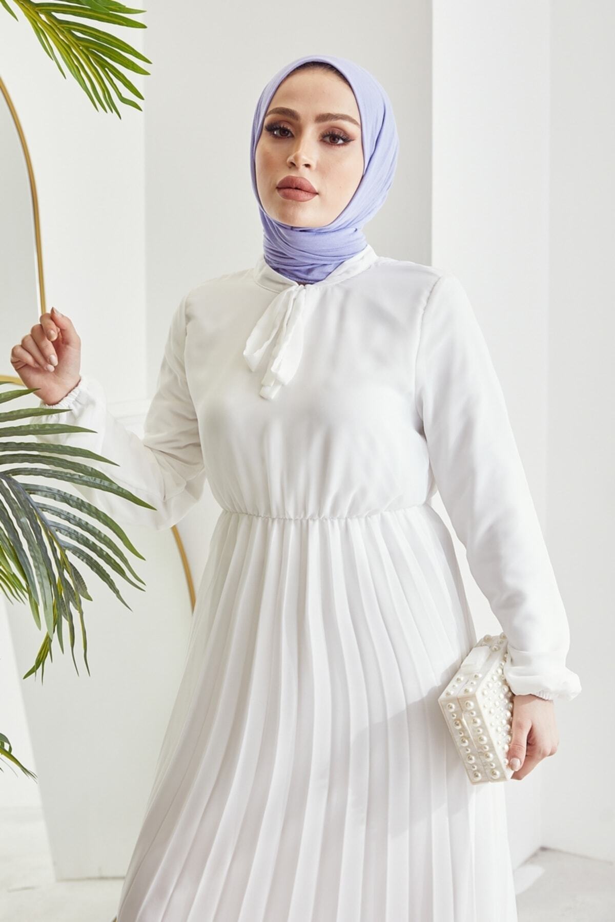 InStyle-Plissiertes Limelda-Chiffon-Hijab-Kleid – Weiß 2