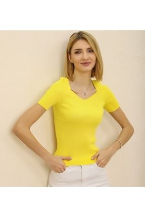 Kadın Sarı Kısa Kol Geniş Yaka Fitilli Esnek Triko Bluz TYC00395035715