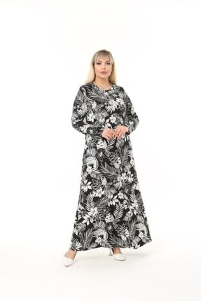 Kadın Siyah Beyaz Çiçek Desenli Uzun Kollu Büyük Beden Elbise EYM610