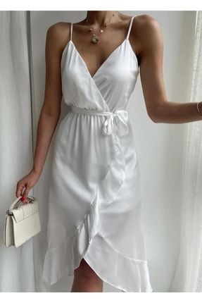 Beyaz Saten İp Askılı Kuşaklı Elbise AFŞ-KUSTNE