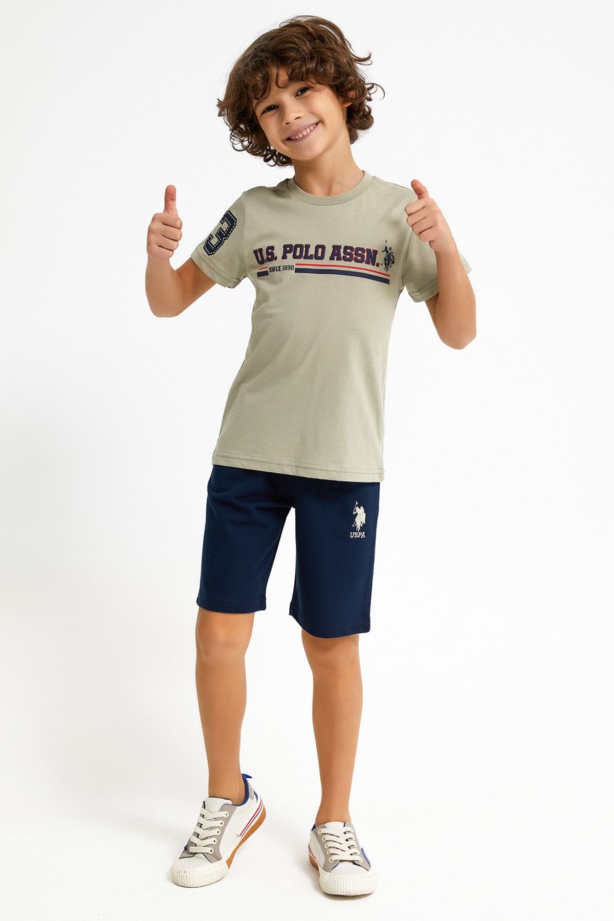 کت و شلوار پسرانه خاکی سبک با یقه برجسته متن برجسته U.S. Polo Assn.