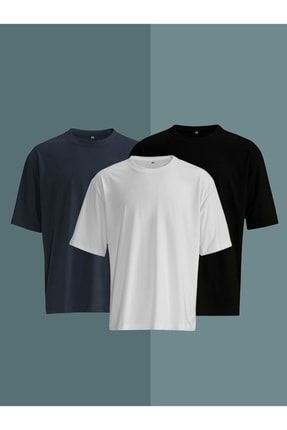 Oversize Basic Tişört 3'lü Set Siyah Beyaz Füme TYC00393608744