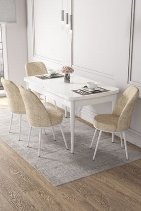 Kor Serisi, 70x114 Açılabilir Beyaz Mutfak Masası Takımı, 4 Krem Sandalye Kor Beyaz Masa Dexa Sandalye