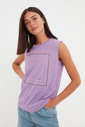 Lila Baskılı Basic Örme T-Shirt TWOSS22TS1973
