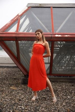 Kadın Pembe Ip Askılı Yırtmaçlı Elbise 21-10116