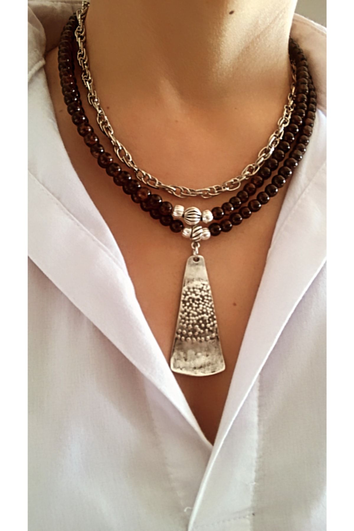 by zllem Bitter Brown Stone Design Ethnic Layered Necklace