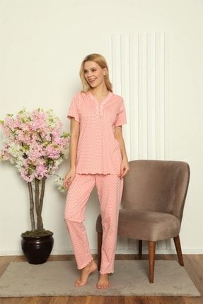 Kadın Pembe V Yaka Pembe Kalpli Pamuk Pijama Takımı KLP