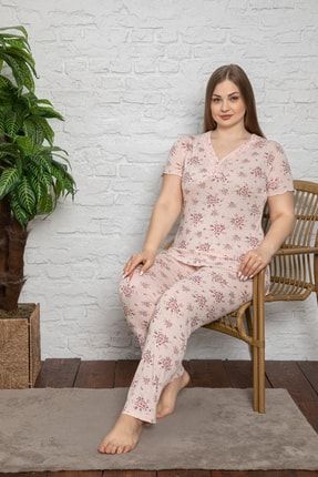 Büyük Beden Kısa Kollu Dantelli Çiçekli Bayan Pijama Takımı MLN3493