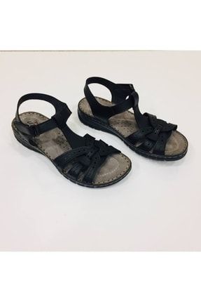 Yavuz Ayakkabı Hakiki Deri Orijinal Ortopedi Kadın Siyah Sandalet YVZ1061