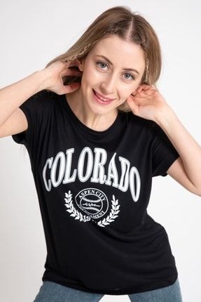 Kadın Colorado Baskılı Siyah Tshirt 20614