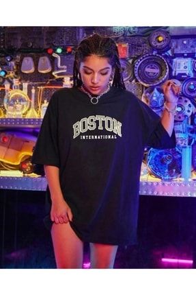 Boston Baskılı Oversize Kadın Gri T-shirt smyrnaBOSTON