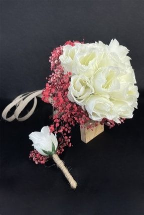 18 Li Beyaz Tomur Gül Gelin Çiçeği Pembe Cipsolu Gelin Buketi GBT138
