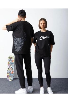 Siyah Unisex Chicago Özel Baskılı Oversize T-shirt mdl-chgotshrt-01