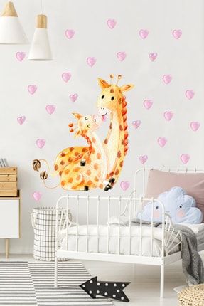 Anne Yavru Zürafa Ve Kalpler Çocuk Odası Dekoratif Duvar Sticker Seti Sim652
