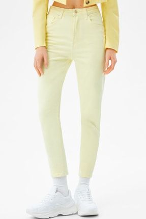 Kadın Sarı Mom Boyfriend Yüksek Bel Jeans Kot Pantolon G1273