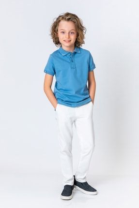 Erkek Çocuk Nakış Detaylı Indigo Mavi Polo Yaka Tişört TYC00393701342