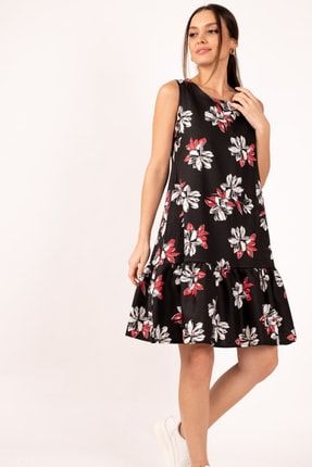 Kadın Siyah Büyük Çiçek Desenli Kolsuz Elbise ARM-22Y001014