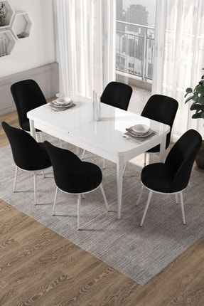 Kor Serisi 70x114 Açılabilir Beyaz Mutfak Masası Takımı- 6 Adet Siyah Sandalye PRA-4858011-124717