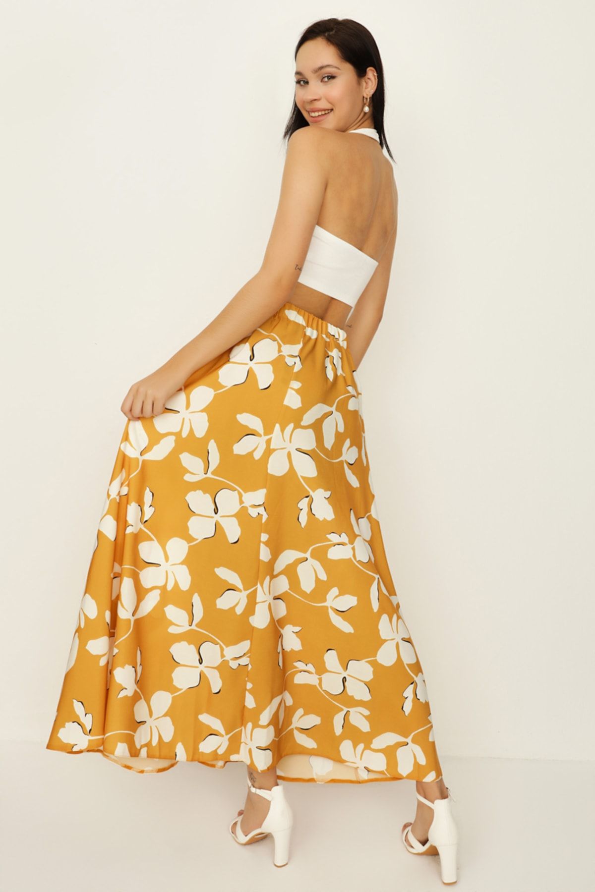 Select Moda-Women's Mustard Patterned Belted Flounce Long Skirt 3