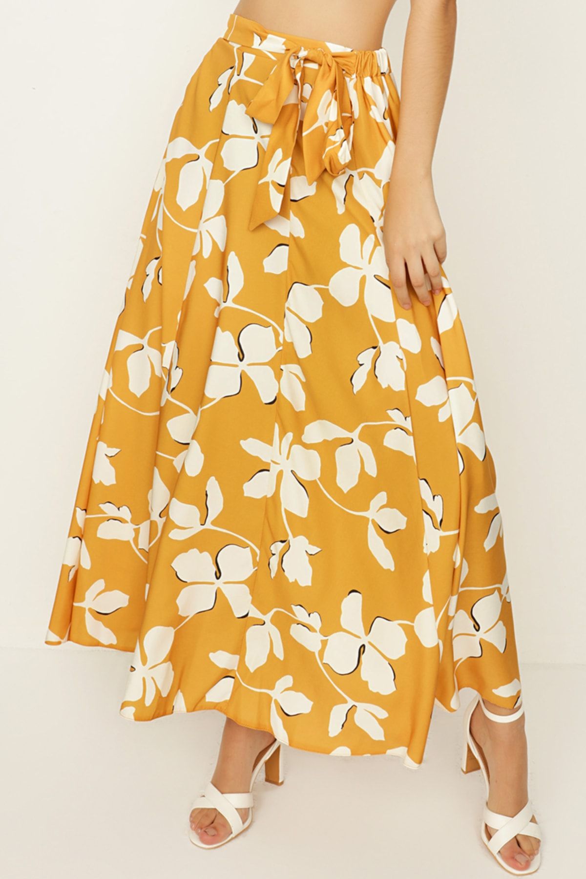 Select Moda-Women's Mustard Patterned Belted Flounce Long Skirt 4