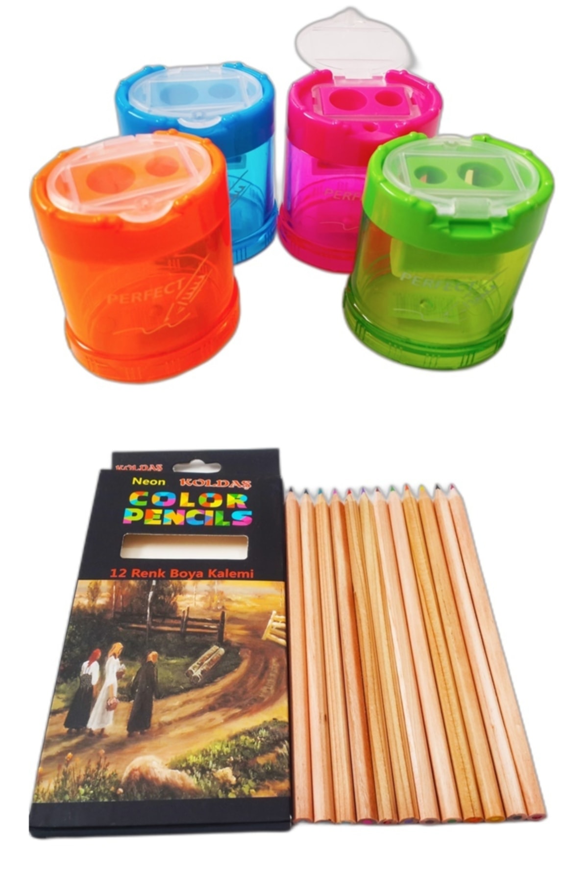 Mahi Max Perfect Kapaklı Sandık Kalemtıraş Ve 12'li Naturel Kuru Boya