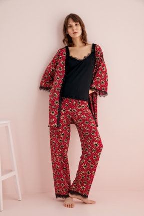 Kadın Kırmızı Papatya Desenli Dantel Detaylı Sabahlıklı Ip Askılı Altı Uzun Yazlık Pijama Takımı cmeüclüaltıuzun