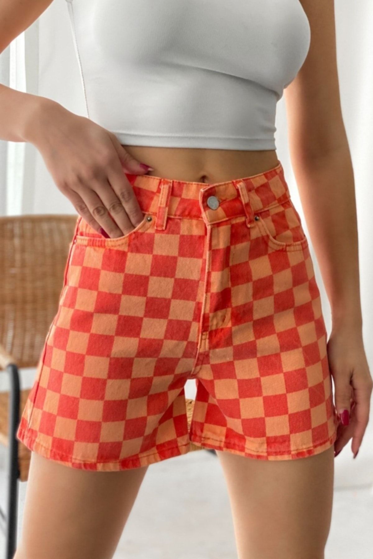 Checkered jean shorts store