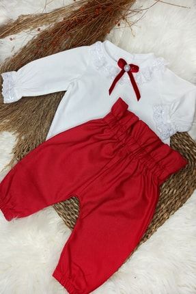 Kız Bebek Kırmızı Pantolon Beyaz Dantel Detaylı Bluz Takım Gİ20030