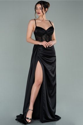 Siyah Transparan Taşlı Uzun Saten Abiye Elbise Abu2130 ABU2130