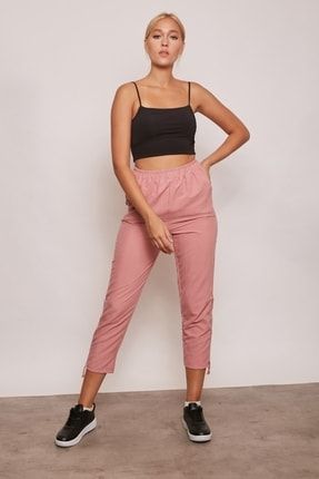 Kadın Soft Rose Renk Iç Göstermez Viskon Poplin Beli Lastikli Cepli Paçası Büzgülü Rahat Pantolon 49030